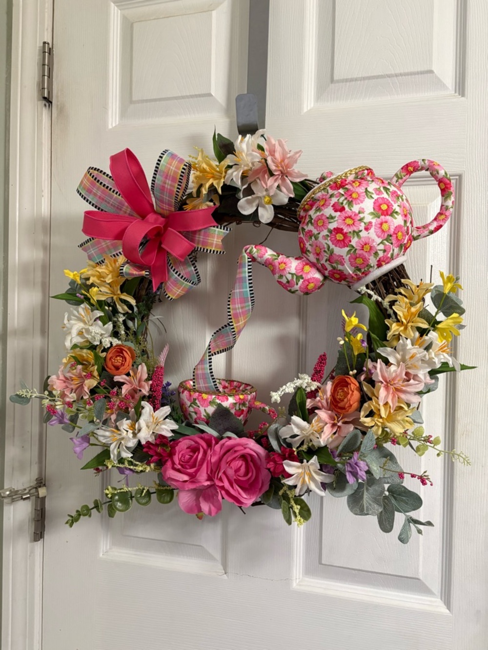 Floral Tea Party Wreath with Pink Teapot Accent